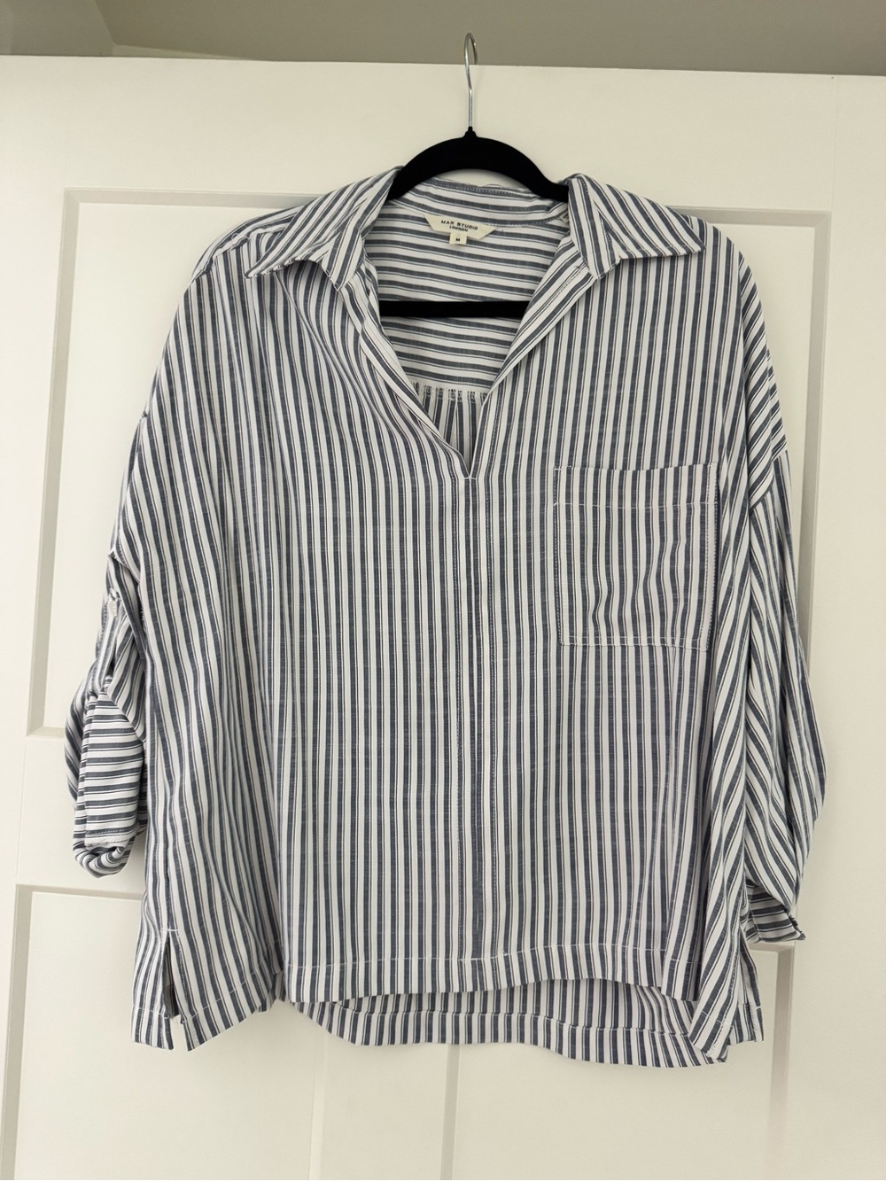 Max Studio Navy and White Vertical Stripe V-Neck Loose Fitting Blouse